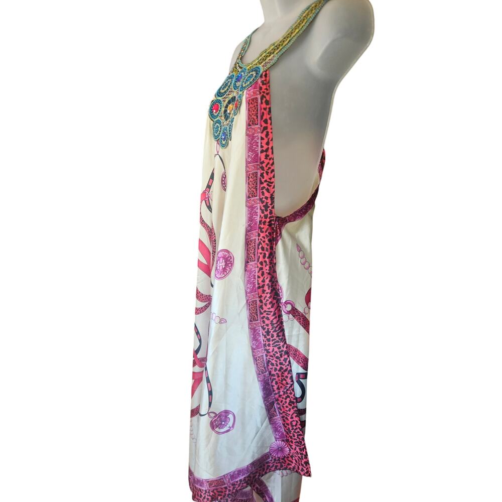 India 100% Silk Bohemian Dress White Purple Pink Beaded Embroidered One Size - Picture 6 of 9